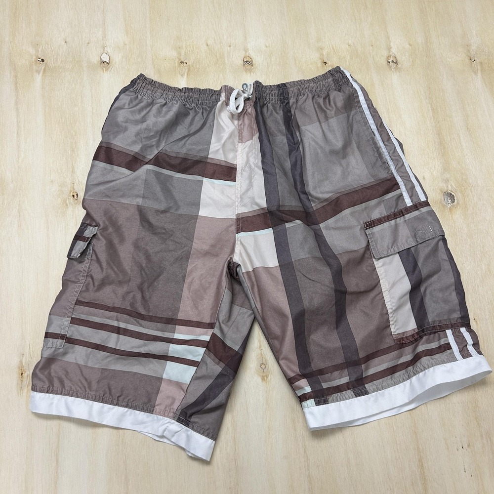 Vintage 90s Banana Split Swim Shorts Mens XL Brown Plaid Drawstring Cargo Trunks